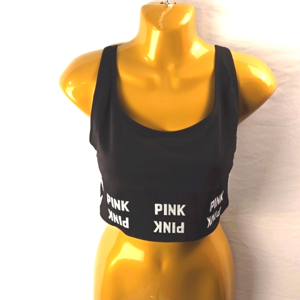 PINK Womens Black Seamless Logo Support Sports Bra Sz L